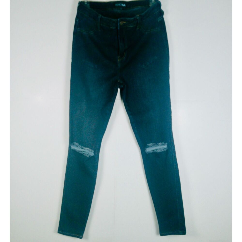 FASHION NOVA WOMENS DARK BLUE DISTRESSED STRAIGHT LEG 2 POCKETS JEANS. SIZE 13